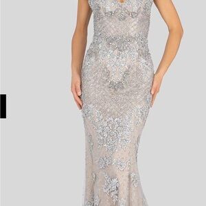 Terani Couture Silver Floral Maxi Dress